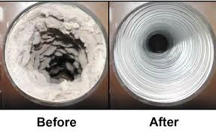 Before and after dryer vent cleaning showing lint buildup removed